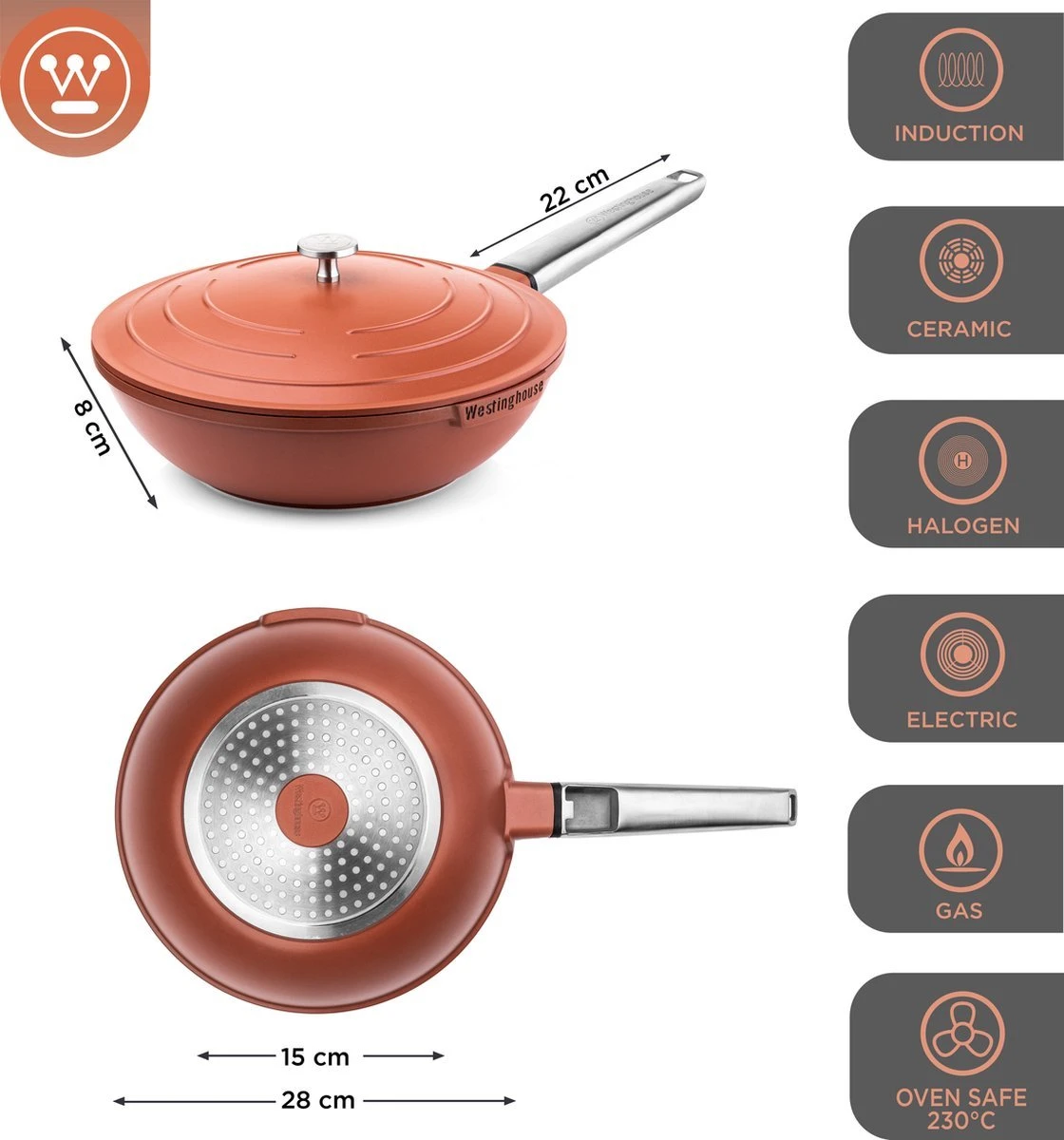 Westinghouse Pannenset Performance (Wokpan + Grillpan) ø 28 Cm - Rood - Inductie En Alle Andere Warmtebronnen 8 Westinghouse Pannenset Performance (Wokpan + Grillpan) ø 28 Cm - Rood - Inductie En Alle Andere Warmtebronnen - Afbeelding 6