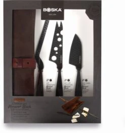 Boska Kaasmessenset Monaco+ Zwart - Met Lederen Hoes -Keukengerei Winkel 307089 Cheese Set Monaco Black1 verpakking